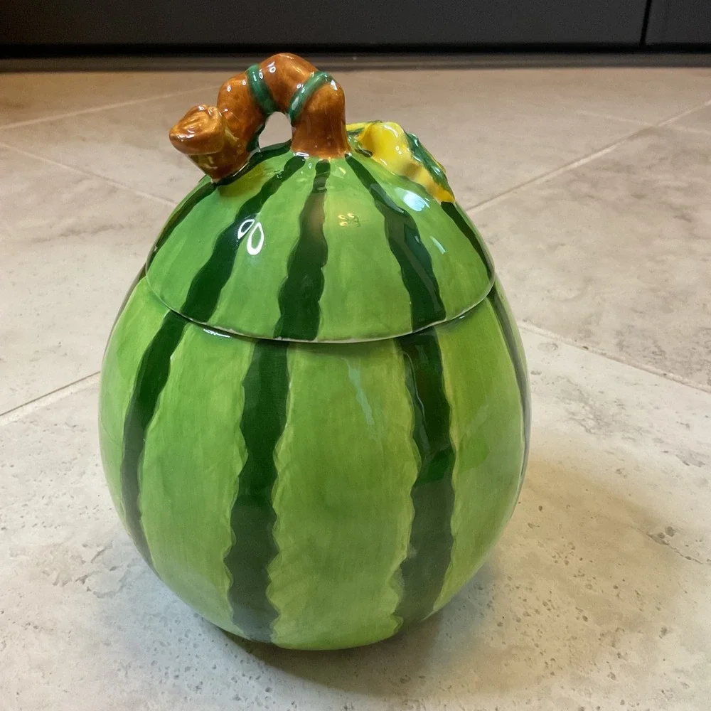 Vintage Watermelon Ceramic Cookie Jar Hand Painted Fruit Canister Kitchen Decor